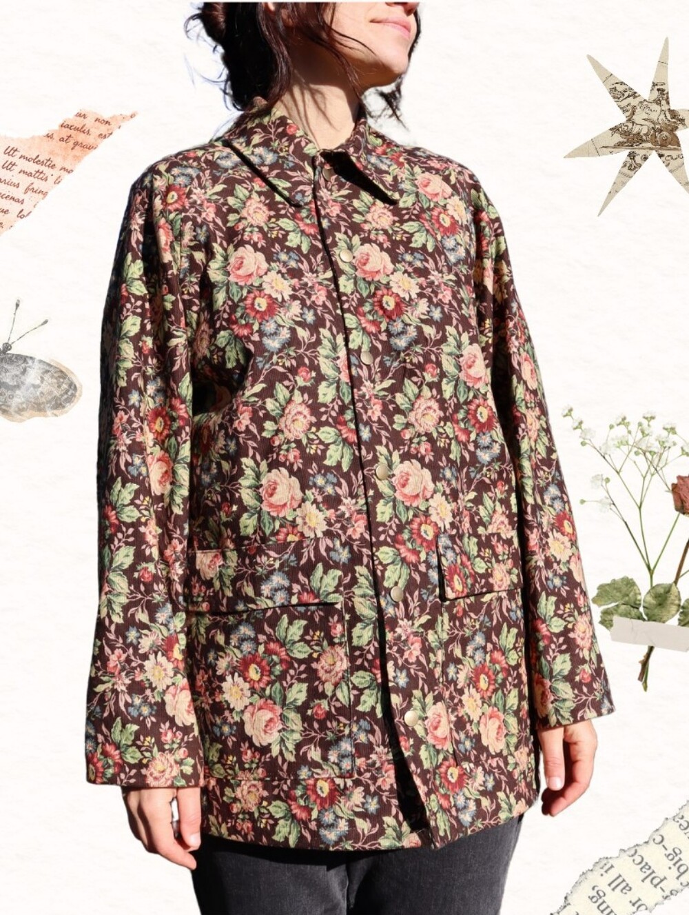 Upcycled Tapestry Chore Coat Brown Rose Floral Print Barn Jacket L • XL